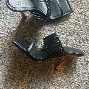 BRAND NEW - ASOS Black Strappy Square-Toe Heeled Mules with Wood-Look Heel